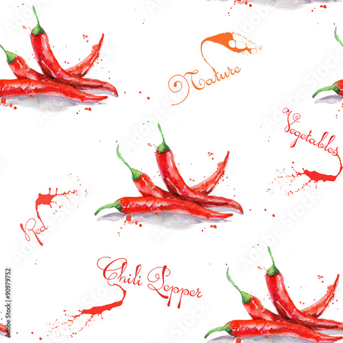 Seamless pattern with chili pepper. Watercolor illustration. Hand drawn. Delicious vegetables.