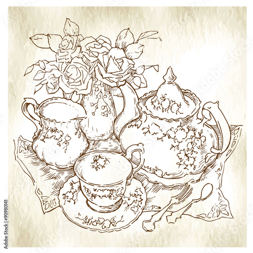 Hand made sketch of tea sets. Vector illustration.