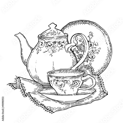 Hand made sketch of tea sets. Vector illustration.