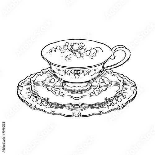 Hand made sketch of tea sets. Vector illustration.