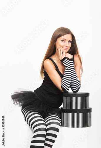 Smiling Girl Black White Striped Tights Stock Photo 328501685