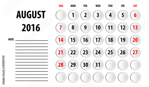 Template of calendar for 2016