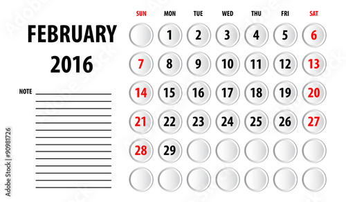 Template of calendar for 2016
