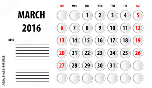 Template of calendar for 2016
