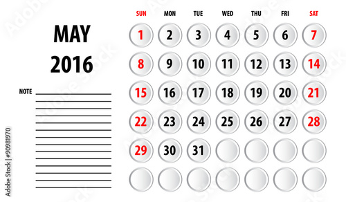 Template of calendar for 2016