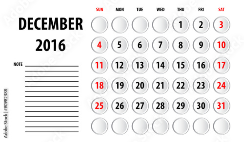 Template of calendar for 2016