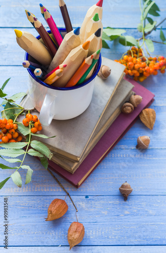 Pencils books concept back school autumn fruit