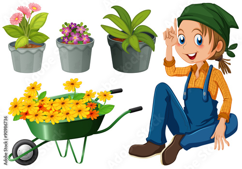 Gardener with potted plants and flowers