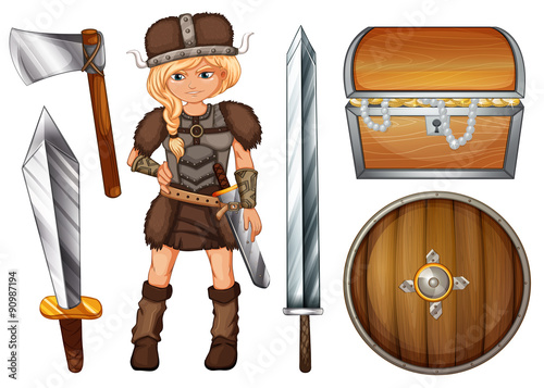 Female viking with weapons and chest