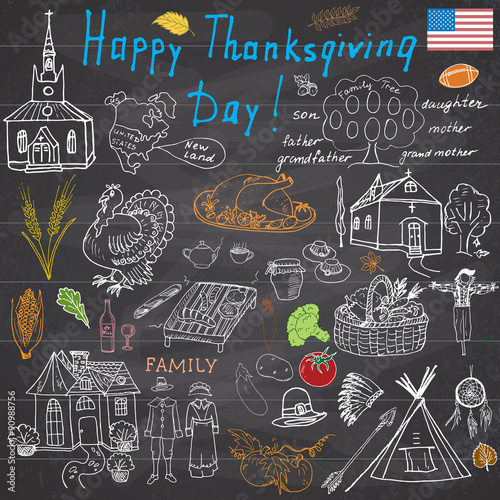Thanksgiving doodles set. Traditional symbols sketch collection, food, drinks, turkey, pumpkin, corn, wine, wheet, vegetables, idians and pilgrims items, Freehand vector drawing and lettering isolated
