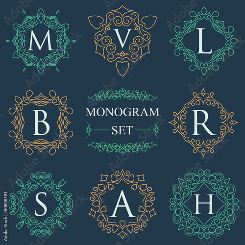 Monogram Logos Set Graphic Logo template flourishes elegant ornament lines. Business sign, identity for Restaurant, Royalty, Boutique, Hotel, Heraldic, Jewelry, Fashion, vector illustration