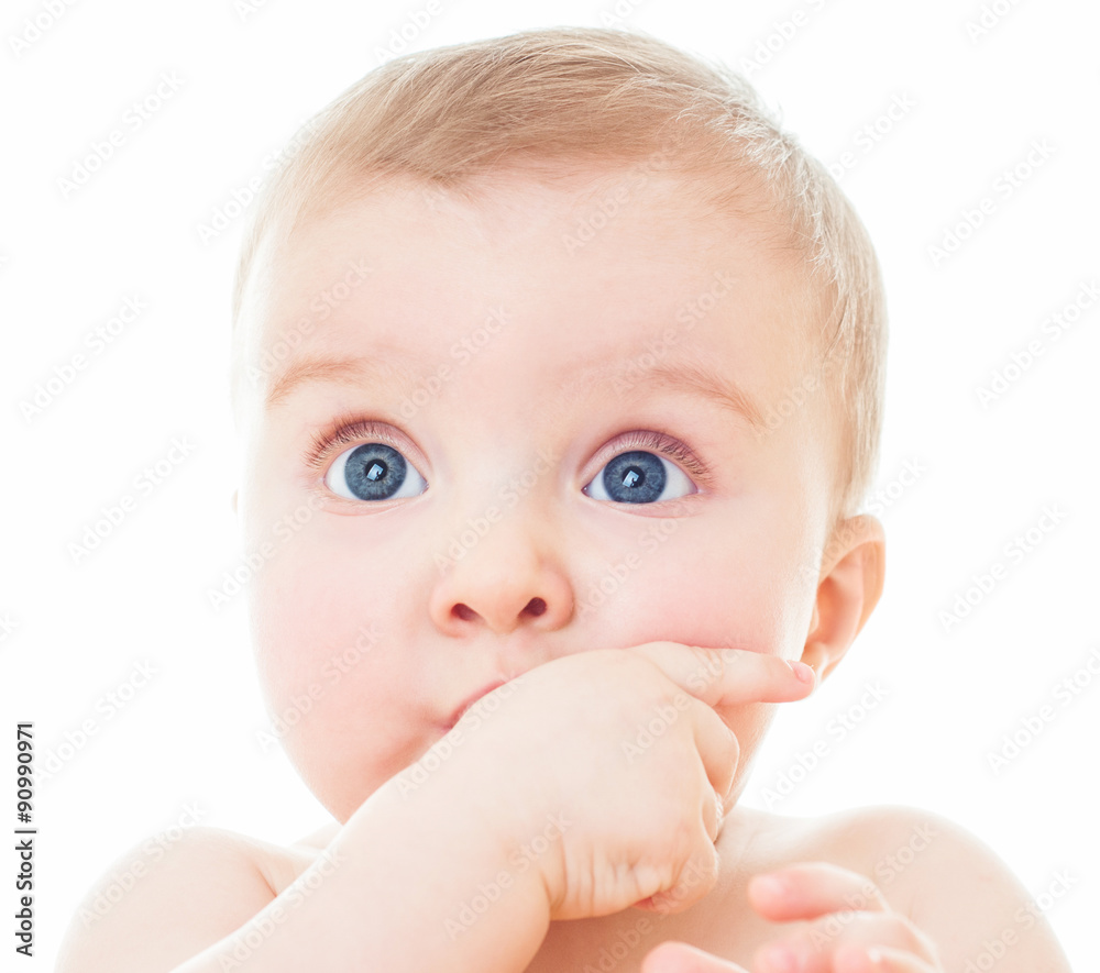Beautiful happy baby. One, isolated on white. Beautiful happy baby. One, isolated on white.