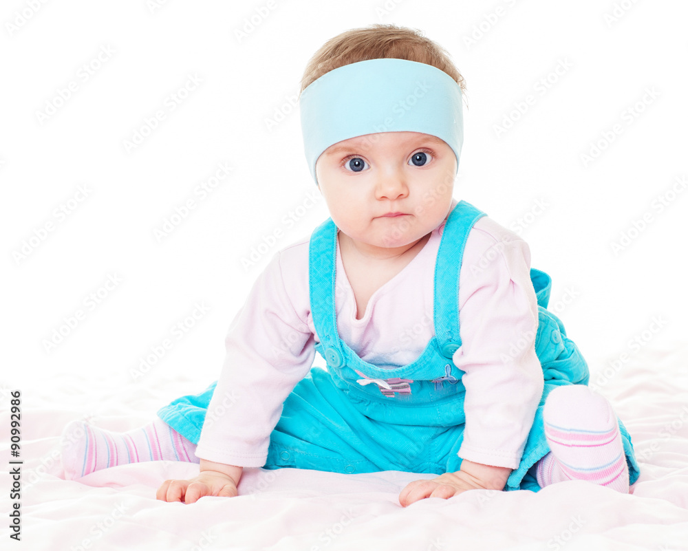 Happy baby, wearing a dress. Baby daughter.One,isolated on white