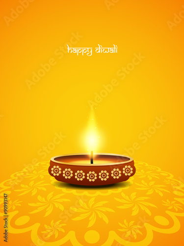 Yellow color vector card design for Diwali festival with beautiful lamp.