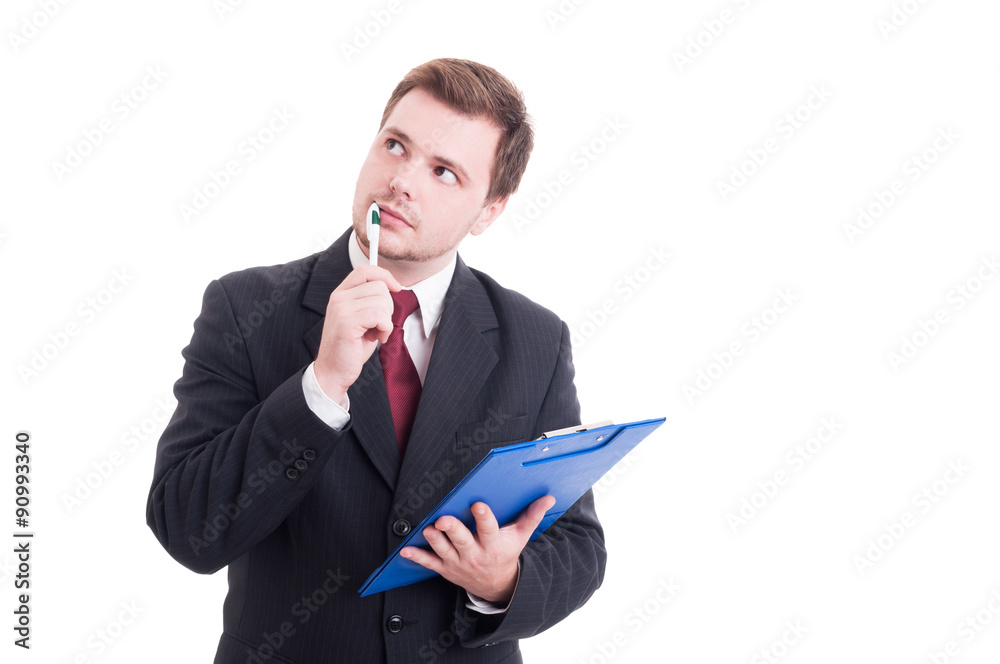 Smart accountant or financial manager holding clipboard and thin Smart accountant or financial manager holding clipboard and thin