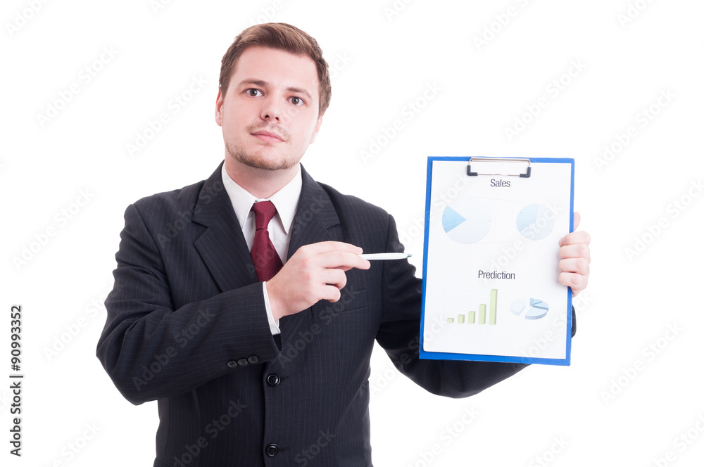 Confident sales manager showing chartpie or marketing results ch Confident sales manager showing chartpie or marketing results ch