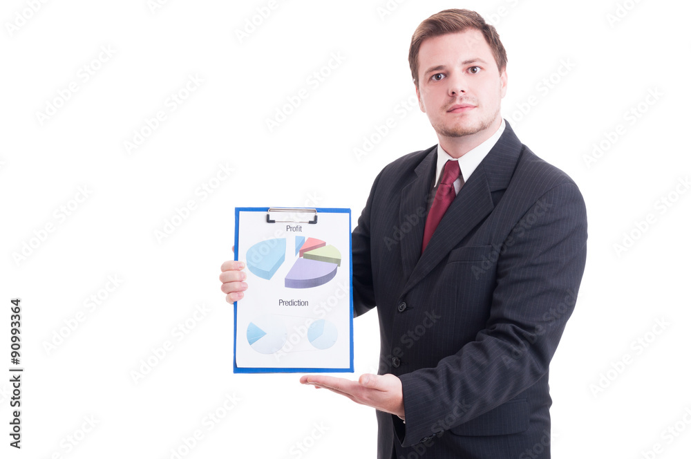 Marketing manager showing printed chart pie and sales graphs Marketing manager showing printed chart pie and sales graphs