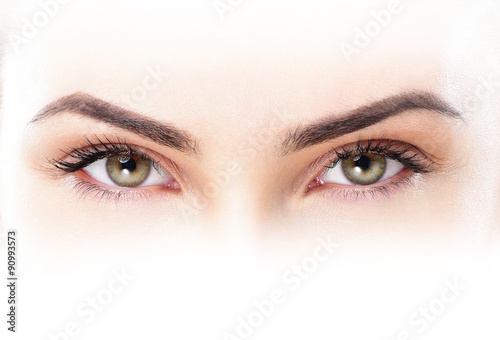 Closeup shot of woman eye with day makeup. Long eyelashes