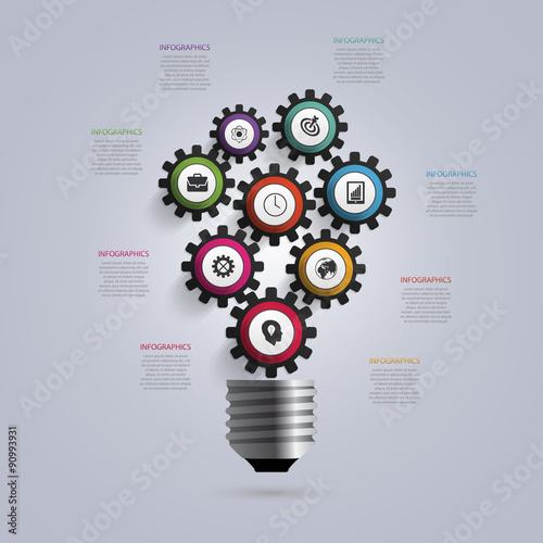 Light Bulb with gears and cogs. Infographic design template. Business concept. Vector illustration