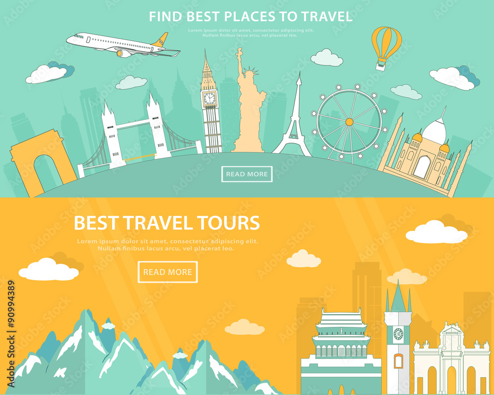 Fototapeta premium Flat design illustration concepts for travelling and tourism. web banner with set of world landmarks and places to travel
