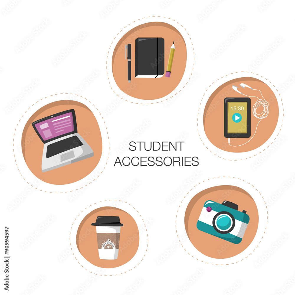 Student accessories icons for young modern people. Flat color vector illustration such as laptop, smartphone with earphones, camera, diary with pen and pencil and coffee to go. Student accessories icons for young modern people. Flat color vector illustration such as laptop, smartphone with earphones, camera, diary with pen and pencil and coffee to go.