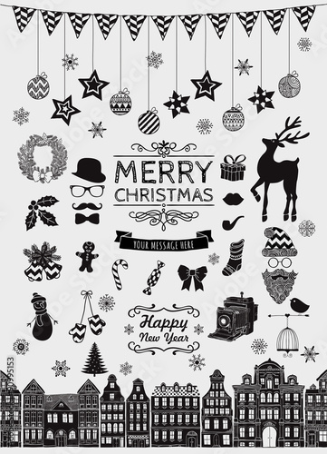 Vector Black Hand Sketched Christmas Doodle Icons.