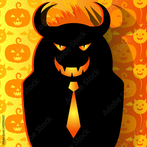 Demon with a tie against the background of pumpkins