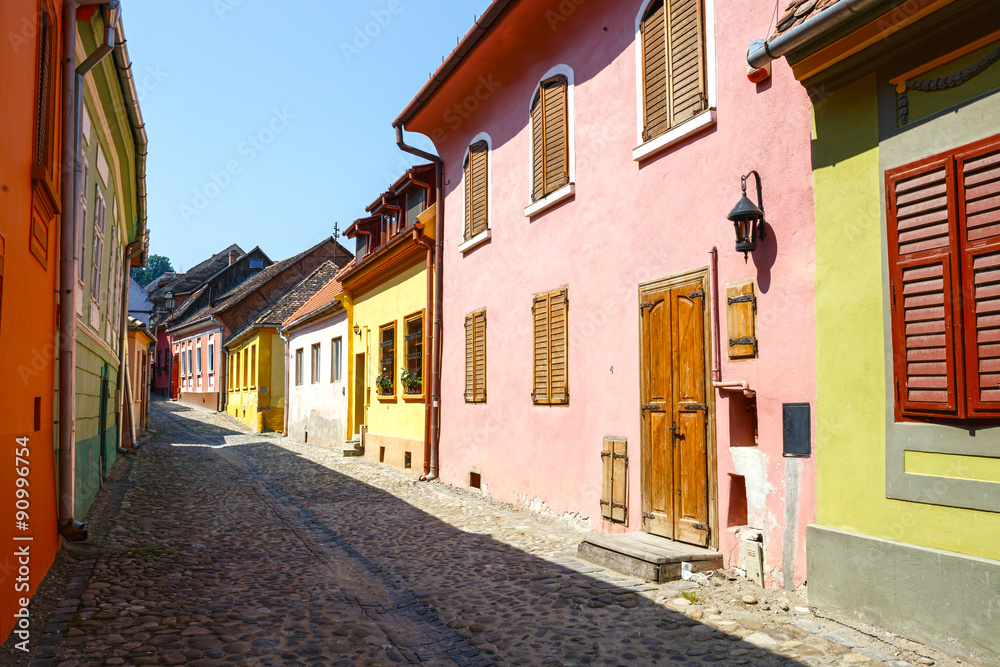 Medieval street view in Sighisoara, Romania