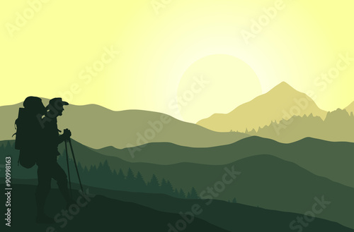 Sunset in the green mountains with silhouette of tourist. Vector illustration.