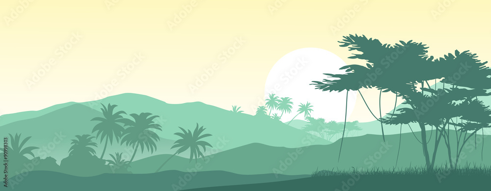 Sunrise in the tropical mountains. Vector illustration.