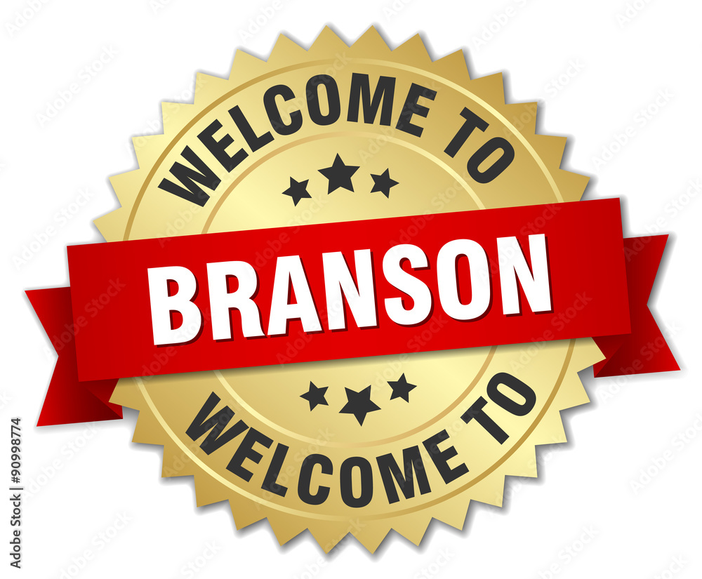 Branson 3d gold badge with red ribbon