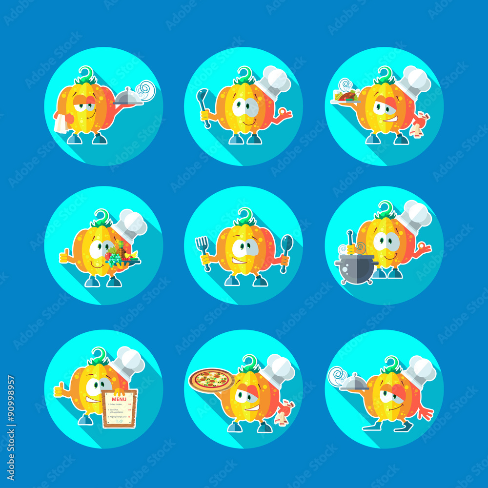 Fototapeta premium Round flat vector icon set with chef pumpkin and kitchenware