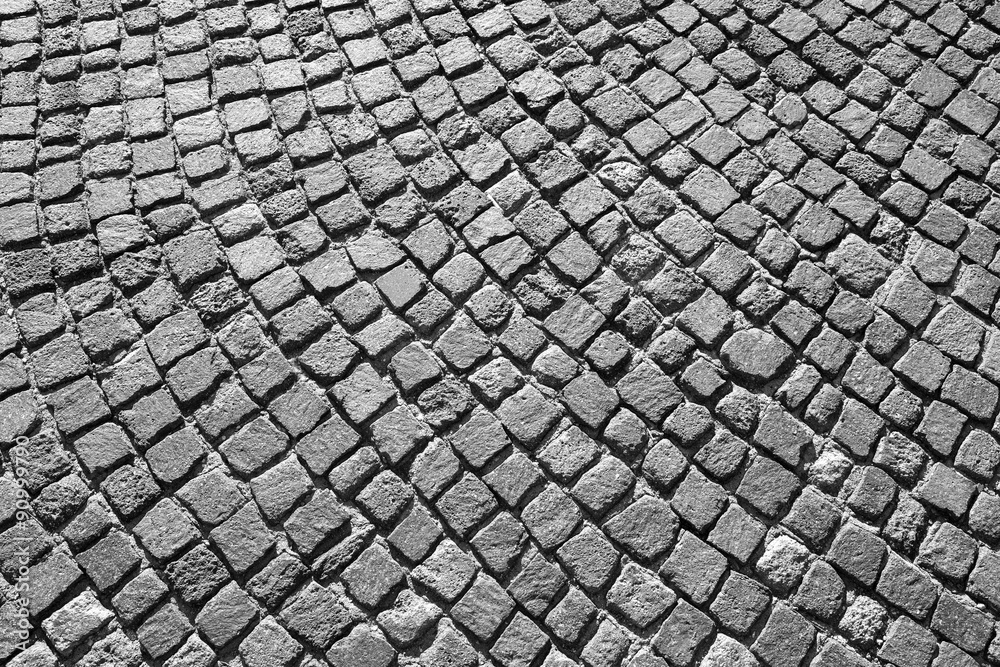 Gray granite cobblestone road pavement - obrazy, fototapety, plakaty 