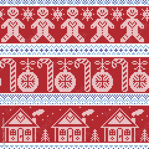 Dark blue, light blue and red Scandinavian nordic seamless pattern with gingerbread man, xmas candy candy cane, gingerbread house, xmas trees, heart, baubles, stars, snowflakes in cross stitch 
