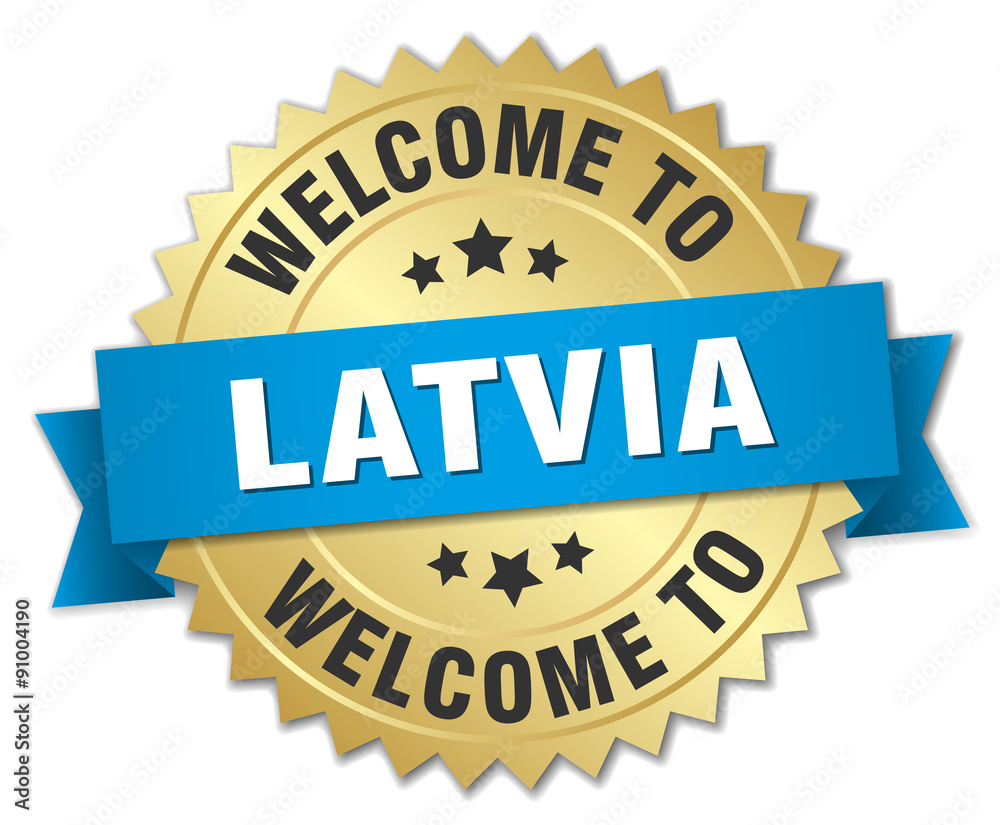 Latvia 3d gold badge with blue ribbon