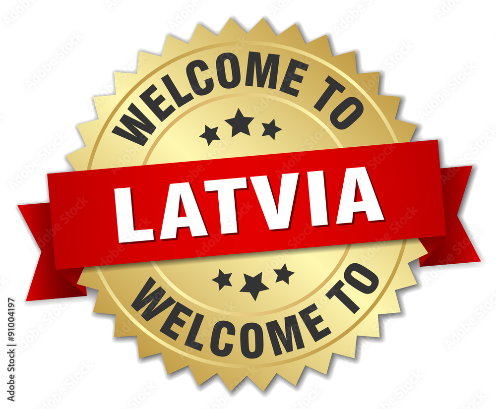 Latvia 3d gold badge with red ribbon Latvia 3d gold badge with red ribbon
