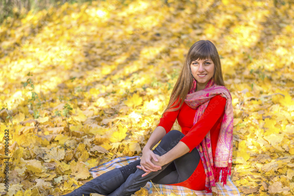 Young cute girl sitting in the Park among the autumn leaves Young cute girl sitting in the Park among the autumn leaves