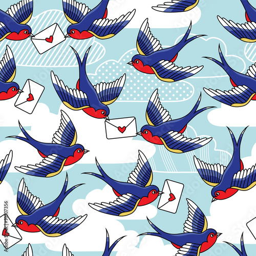Vector old school seamless pattern with birds and love letters