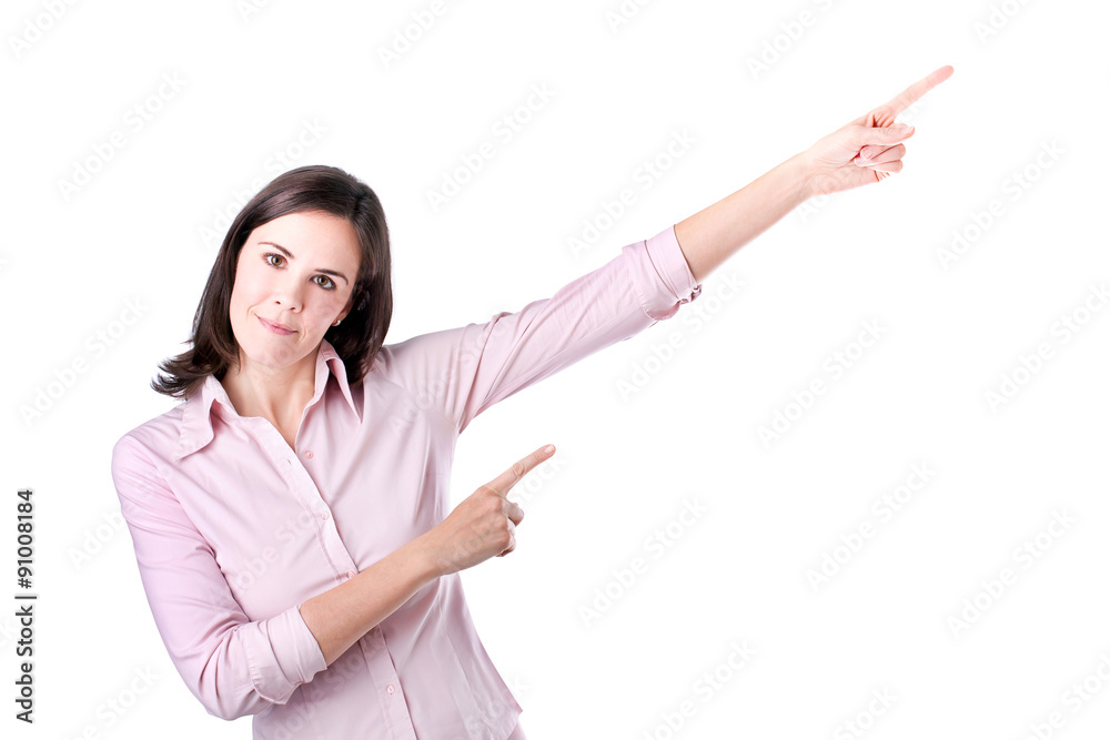 Smiling business woman presenting. Isolated over white. Smiling business woman presenting. Isolated over white.