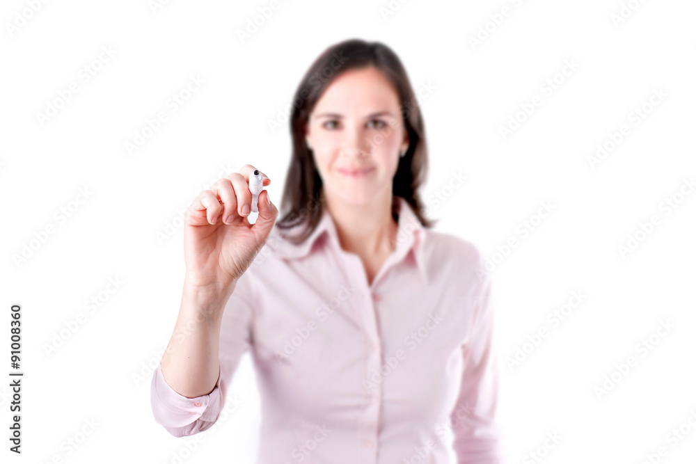 Young business woman writing something, on the screen isolated on white background. Young business woman writing something, on the screen isolated on white background.