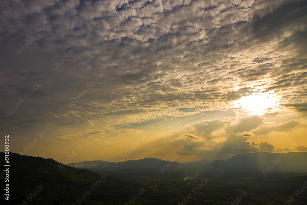 sunset sky scape and cloud and mountain silhouette