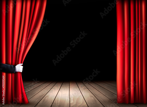 Theater stage with wooden floor and open red curtains. Vector.