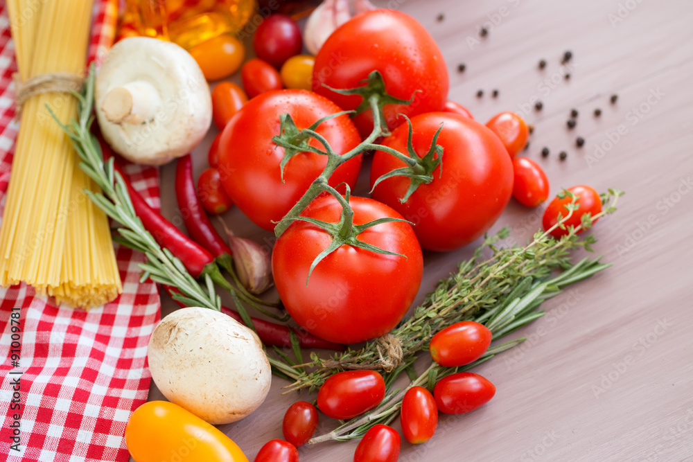 Ingredients for spaghetti with vegetables close-up. Ingredients for spaghetti with vegetables close-up.