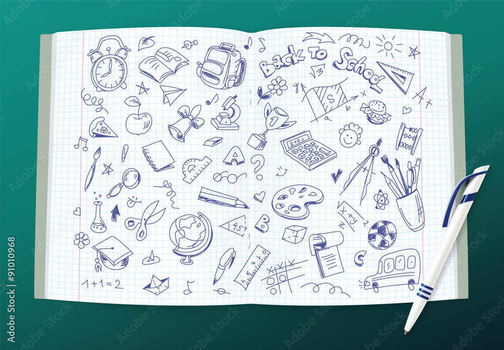 Open vector copy book with school drawings and a pen Open vector copy book with school drawings and a pen