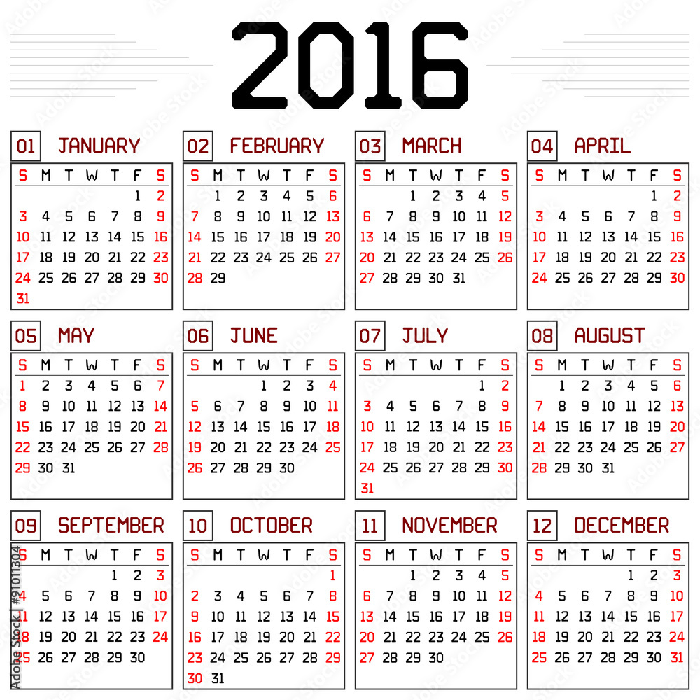 Year 2016 Calendar - A monthly calendar for the year 2016 on white