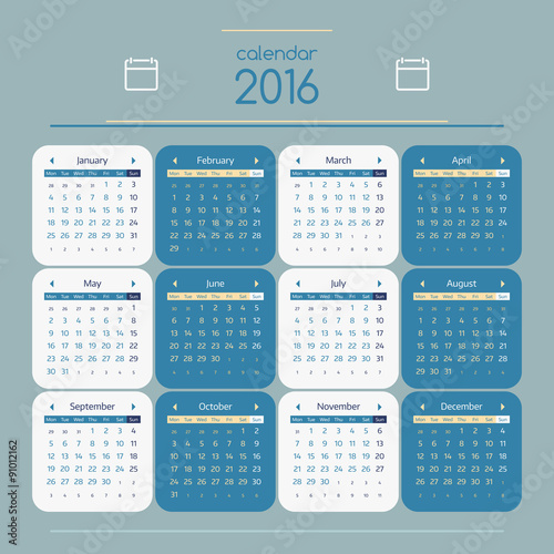 Simple european calendar for 2016 year twelve month grid. Vector illustration.