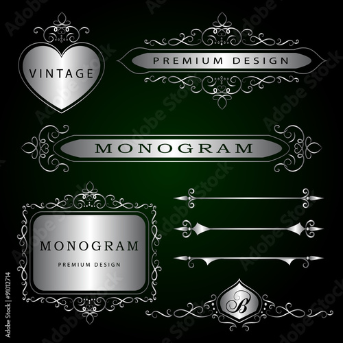 Monogram design elements and page decoration - vector set, graceful template. Calligraphic elegant line art logo design. Wedding vintage. Silver emblem. Vector illustration