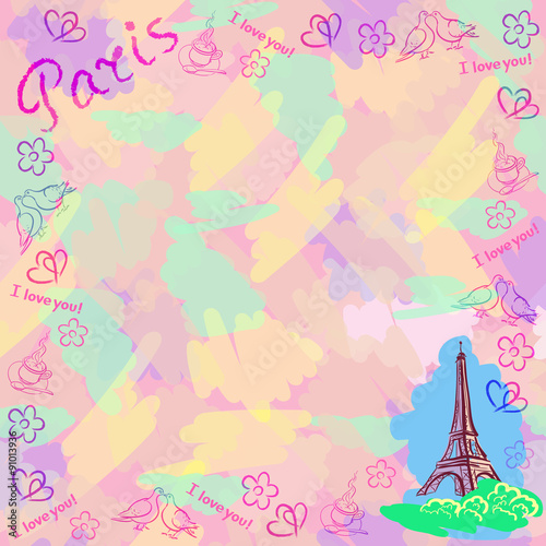 Colorful vector background with the sights of Paris.