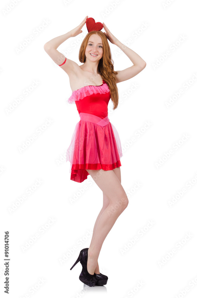 Pretty young model in mini pink dress isolated on white Pretty young model in mini pink dress isolated on white