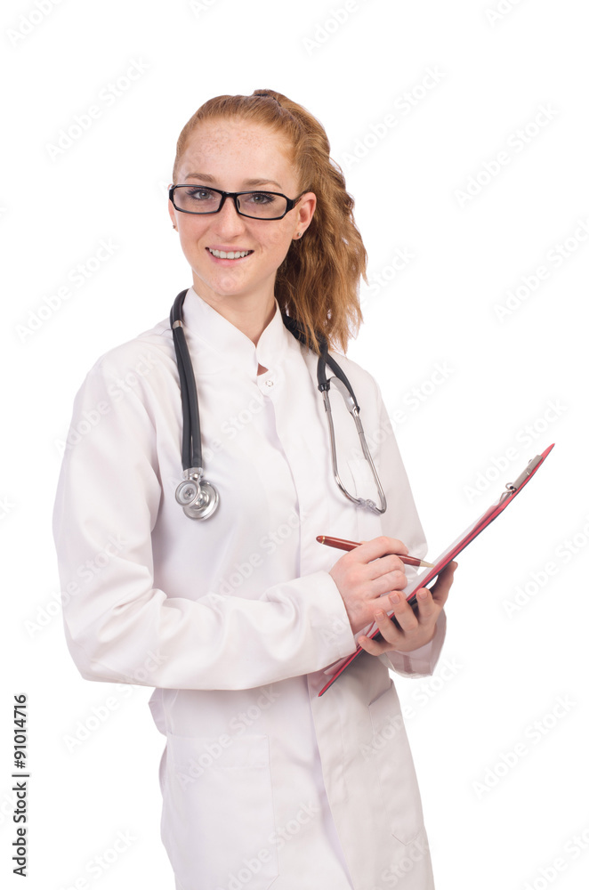 Pretty female doctor with stethoscope isolated on white Pretty female doctor with stethoscope isolated on white